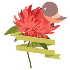 Abstract composition with ribbon flower and bird aster
