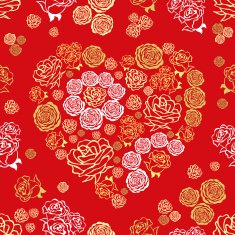vector red seamless pattern with flower hearts