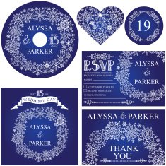 Winter wedding template set Snowflakes wreath