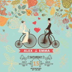 Wedding invitation Groom bride retro bicycle autumn leawes N2