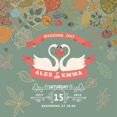 Wedding invitation with swans autumn leaves