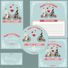 Wedding invitation set Bride groom retro bicycle floral frame