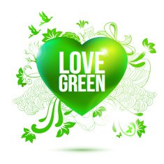 Green ecology theme illustration with 3d heart and drawing elements