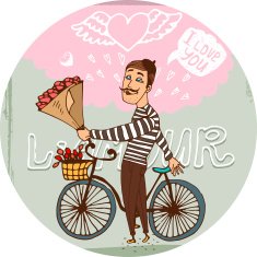 Amorous Frenchman on a bicycle with red roses