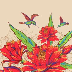 Vintage Card with Red Flowers and Hummingbirds N5