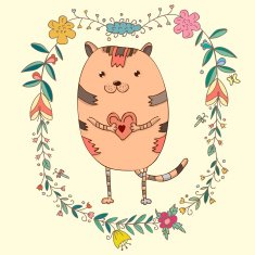 Card with cute cat in decorative floral elements