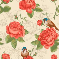 Botanical floral seamless pattern with roses and birds N2