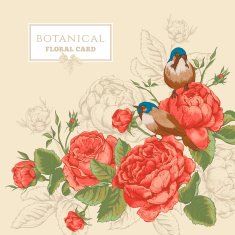Botanical floral card with roses and birds N2