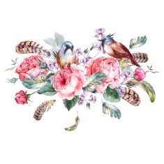 Classical watercolor floral vintage greeting card with rose birds and N2