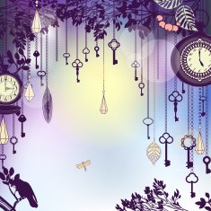 Vintage background with keys and clocks in dusk