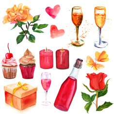 Set of vintage watercolour drawings related to holidays and celebrations