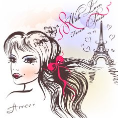 Cute French girlÂs face with long hair sketch style N2