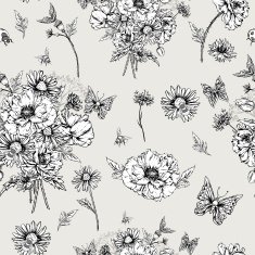 Monochrome Floral Seamless Pattern with Blooming Poppies N2