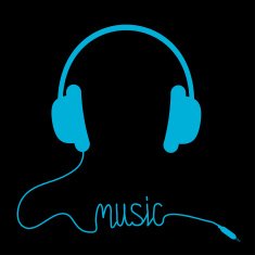 Blue headphones with cord in shape of word Music Card
