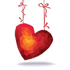 Abstract triangles - polygons red heart hanging on ribbons