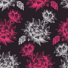 Seamless pattern with pink and white flowers on dark background N2