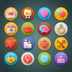 Round Bright Icons with Long Shadow Valentine's Day N2