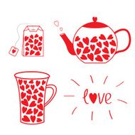 Tea set collection with hearts Teabag teacup and teapot Love