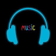 Blue headphones with dash line and colorful word Music Card