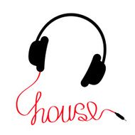 Headphones with red cord in shape of word house Music