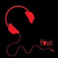 Red headphones with cord Black background Love vector card