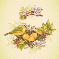 Vintage floral background with birds and nest N3