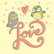 romantic card with owls and floral elements