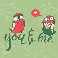 card with owls and floral elements in bw color