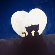 Two cats on roof with heart shaped moon