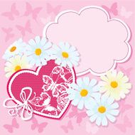 Heart and daisies on pink background with butterflies valentine card