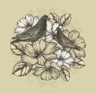Two doves with blooming roses Vector illustration
