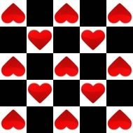 Seamless texture with chess board and small red hearts