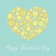 Yellow heart from buttons Love card Flat design Valentines day