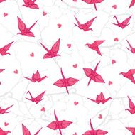 Origami cranes in love on the branches seamless vector print
