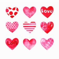 Set of vector hearts in watercolor style