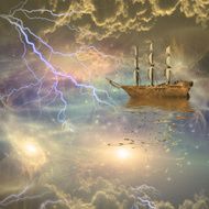 Sailing ship sails through the stars