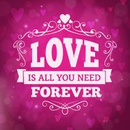 Love forever greeting card with hearts and lights on background