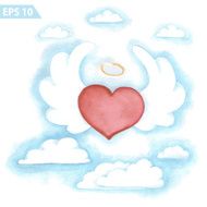 Watercolor vector flying heart with wings