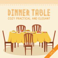 Flat vintage dinner table with many food background vector illustration