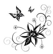 Decorative composition of curls flower and ornamented abstract silhouette butterflies N5