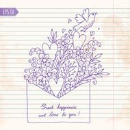 Illustration with hearts bird and flowers
