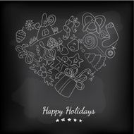 Chalk stylish heart with christmass elements at blackboard