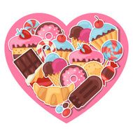 Background with colorful sticker candy sweets and cakes