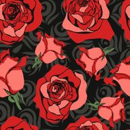 Seamless pattern with stylized roses and swirls