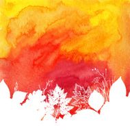 Orange watercolor autumn background with white leaves silhouettes