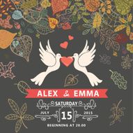 Wedding invitation with pigeons autumn leaves