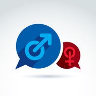 Speech bubbles with blue male and red female signs gender N2