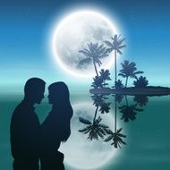 Sea at night Island with palm trees and silhouette couple