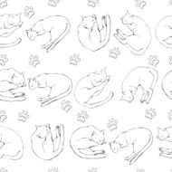 Seamless pattern with cute sleeping cats monochrome