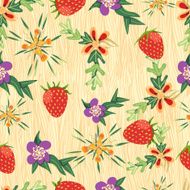 Seamless pattern of flowers and strawberries on wooden background texture